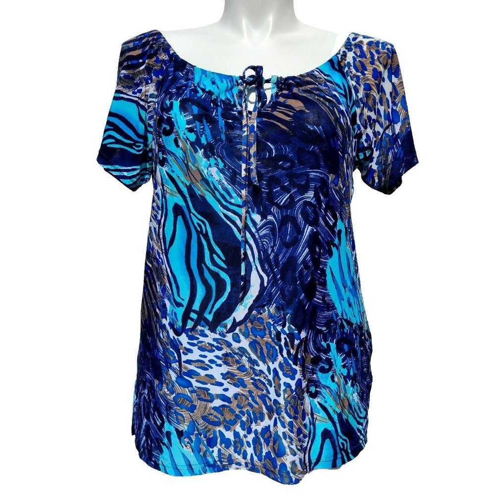 Evelyn Bohemian Blouse Size XL Animal Print Boho Blue Top Drawstring Neckline